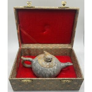 RARE Antique Chinese Fossil Stone Teapot - Hand-Carved Artisan Display w/ Case